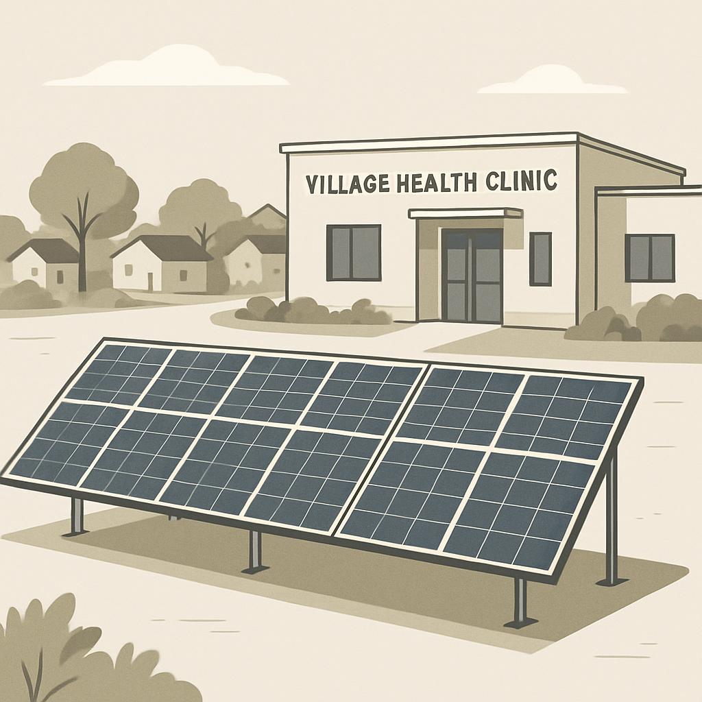 A village health clinic with solar panels outside. A village is in the background to the left.