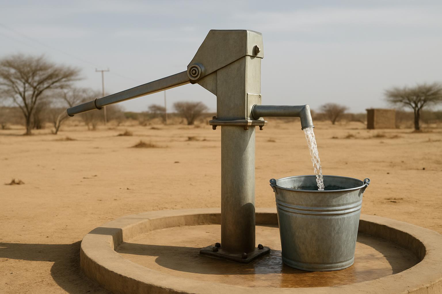 The image depicts a well with a hand pump and water flowing into a metal bucket set in a concrete basin. The pump is made ...