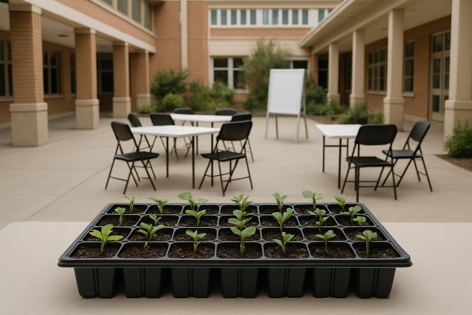 People sitting at tables outside a school, listening to a teacher speak about plants, using a black tray with seedlings as...