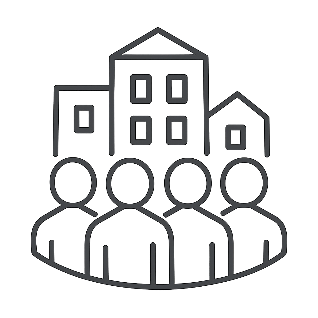 Stacked homes, blurred faces, minimalistic design.